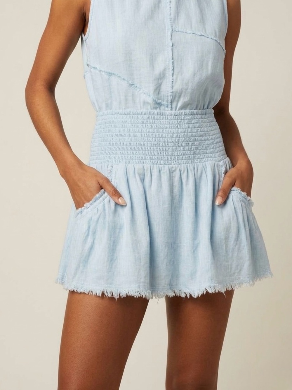 Ramy Brook Camryn Smocked Linen Blend Chambray Mini Skirt Light Blue XS